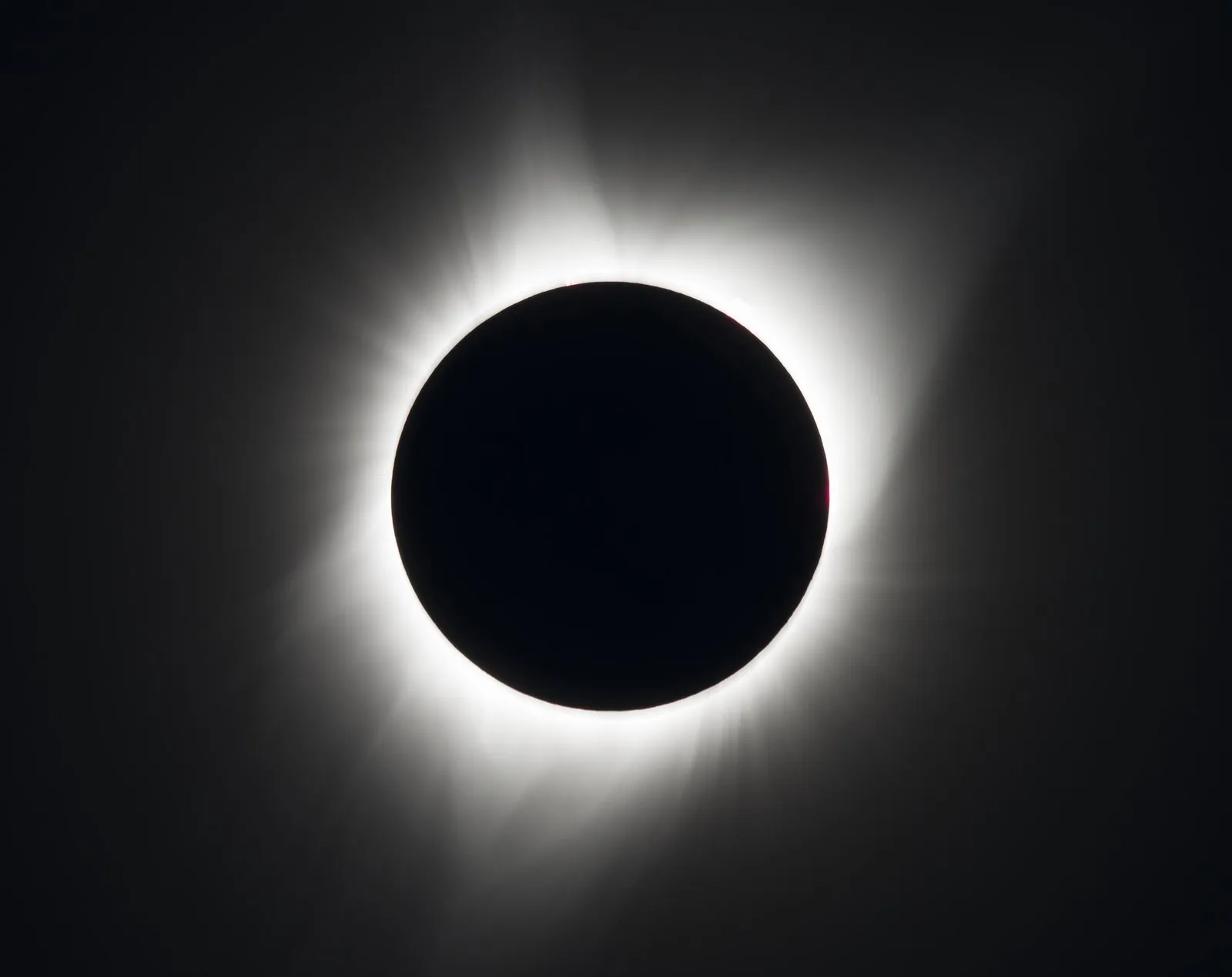 Éclipse totale du Soleil : le disque noir de la Lune entouré de la couronne blanche, sur un ciel noir.